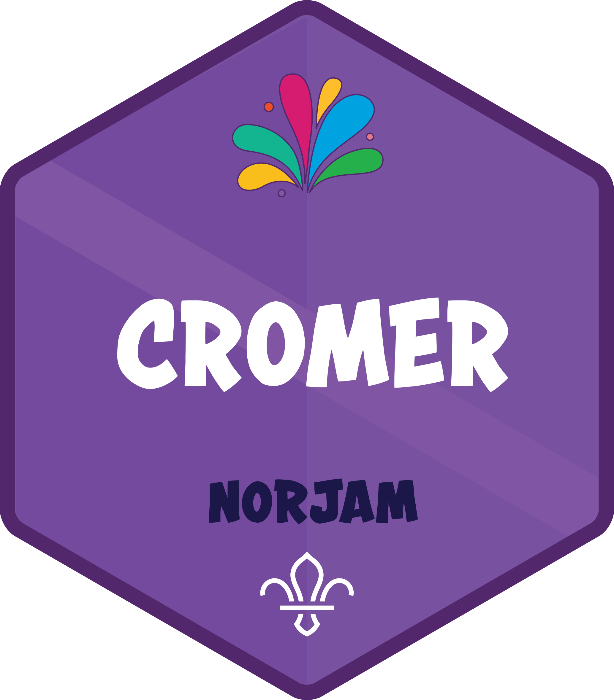 A purple badge for the Cromer staff subcamp, with a subtle Norfolk flag design in the background and text that reads 'Cromer' and 'Norjam'.