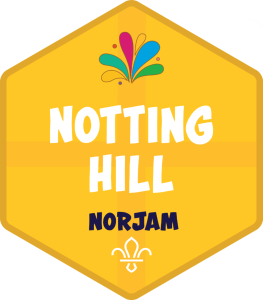 A yellow badge for the Notting Hill subcamp, with a subtle English flag design in the background and text that reads 'Notting Hill' and 'Norjam'.