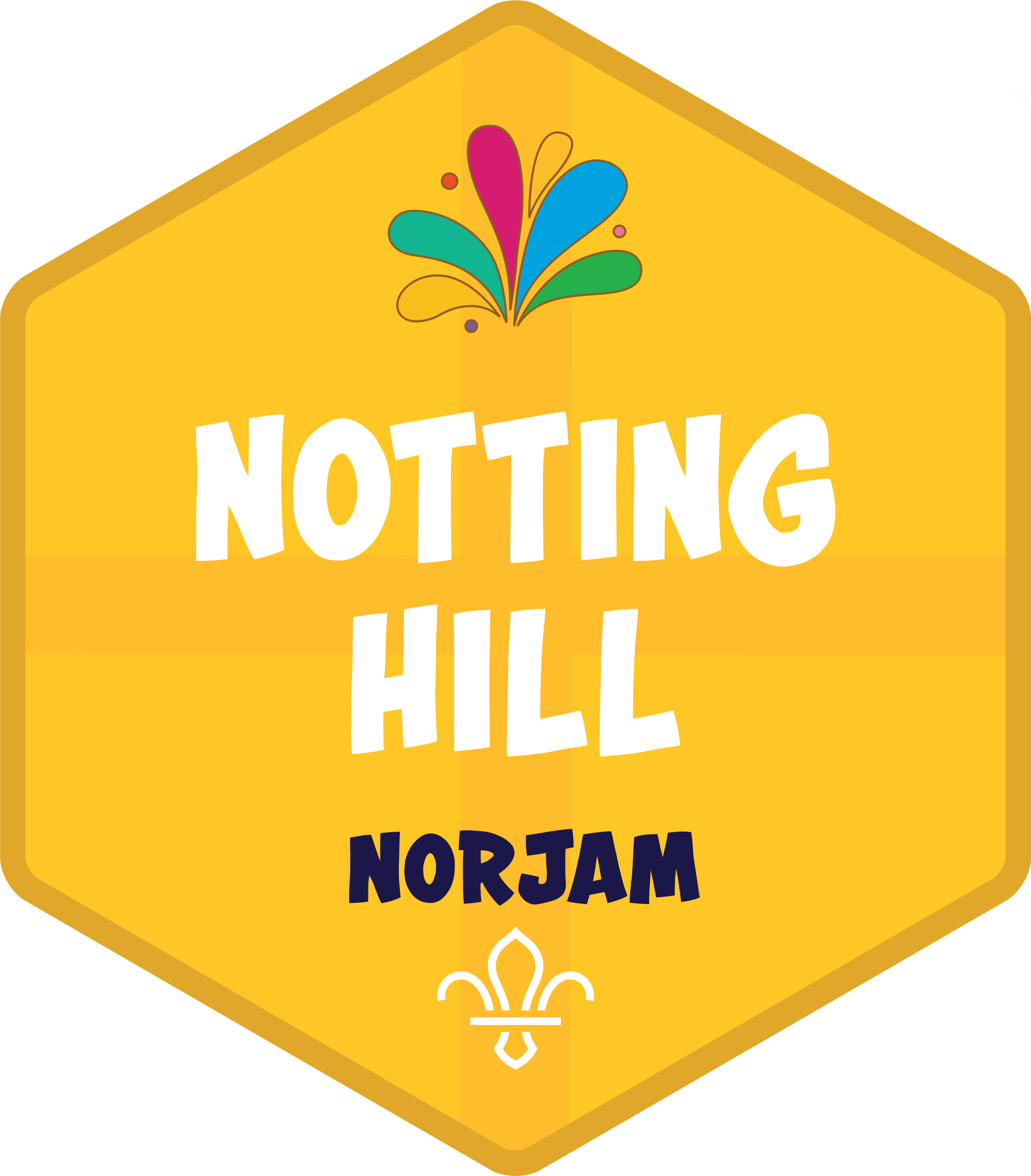 A yellow badge for the Notting Hill subcamp, with a subtle English flag design in the background and text that reads 'Notting Hill' and 'Norjam'.