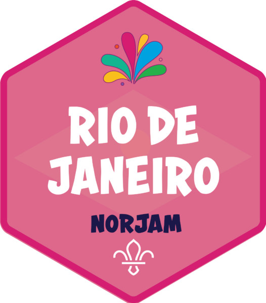 A pink badge for the Rio De Janeiro subcamp, with a subtle Brazillian flag design in the background and text that reads 'Venice' and 'Norjam'.