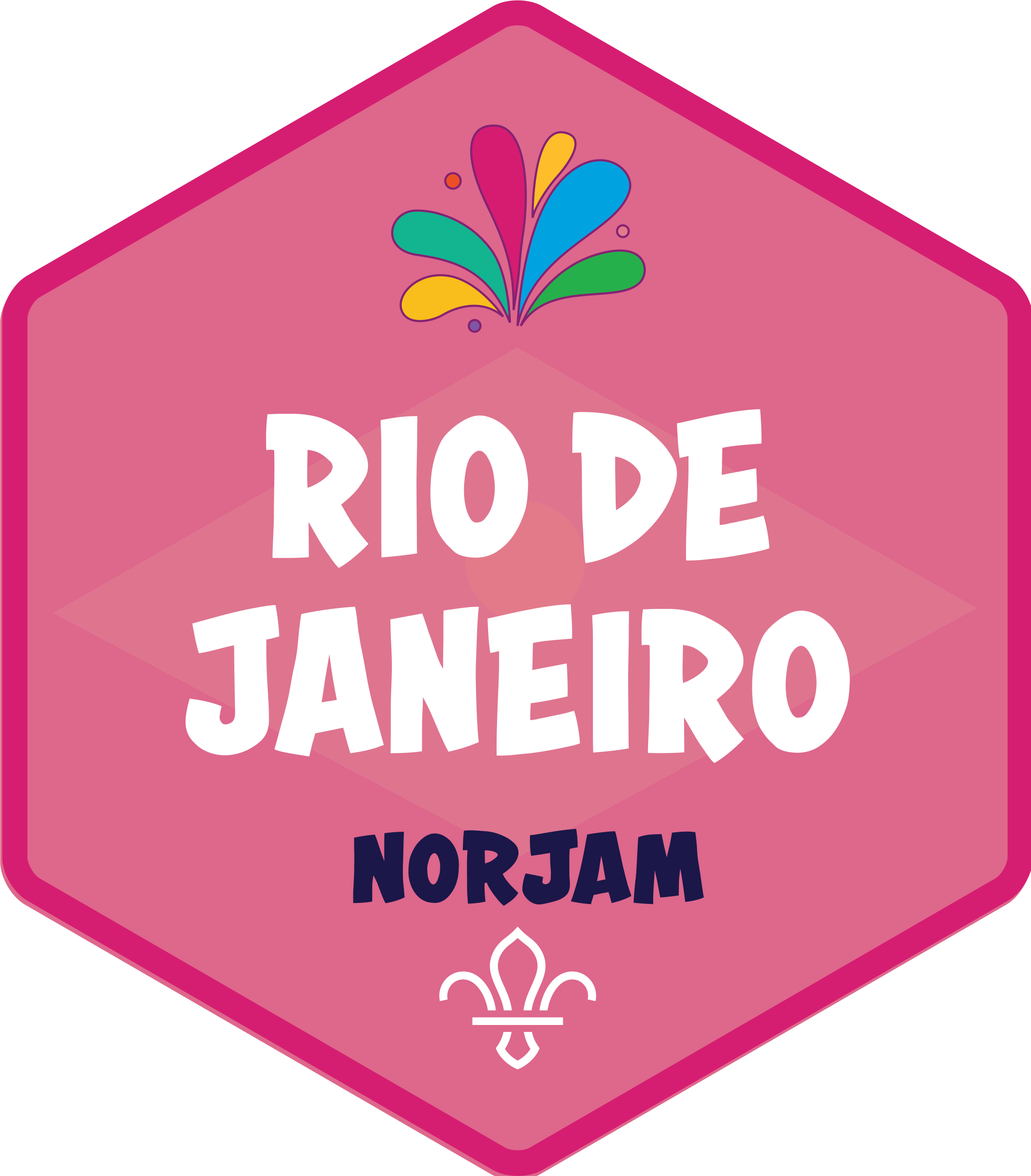 A pink badge for the Rio De Janeiro subcamp, with a subtle Brazillian flag design in the background and text that reads 'Venice' and 'Norjam'.