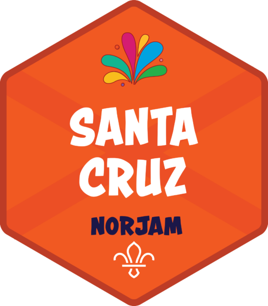 An orange badge for the Santa Cruz subcamp, with a subtle Tenerife flag design in the background and text that reads 'Santa Cruz' and 'Norjam'.