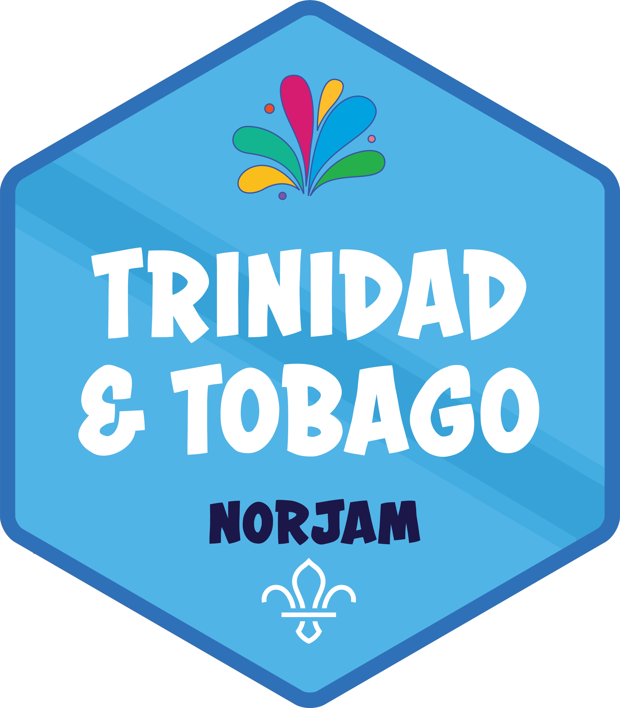 A blue badge for the Trinidad & Tobago subcamp, with a subtle flag design in the background and text that reads 'Trinidad & Tobago' and 'Norjam'.