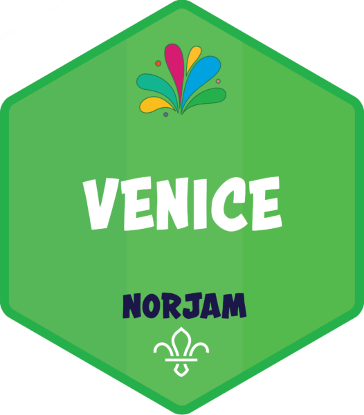 A green badge for the Venice subcamp, with a subtle Italian flag design in the background and text that reads 'Venice' and 'Norjam'.