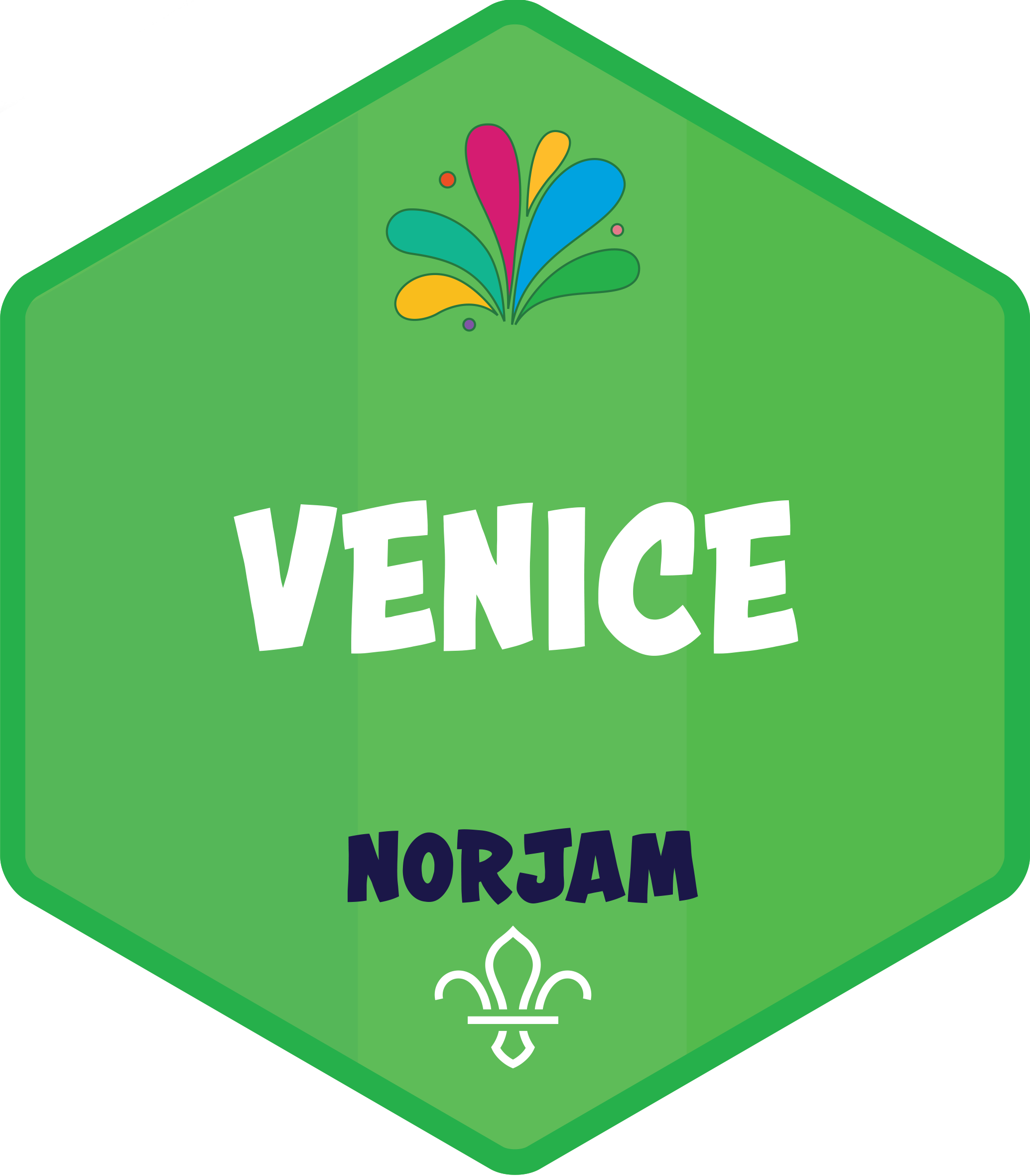 A green badge for the Venice subcamp, with a subtle Italian flag design in the background and text that reads 'Venice' and 'Norjam'.